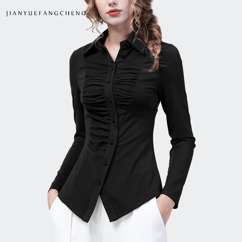 Sexy Skinny Women Long Sleeve Stretching Knitted Shirt Solid Color Pleated Turn-down Collar Female Autumn Winter Bottoming Tops