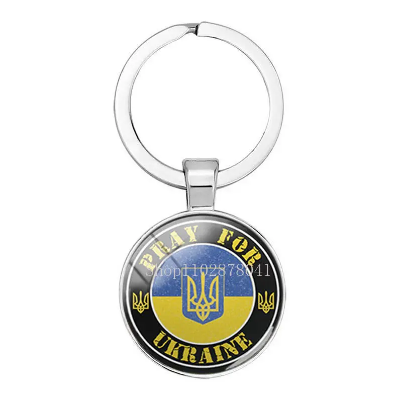 Popular Jewelry Dome Glass Metal Keychain Ukrainian Love and Peace Dove Yellow Blue Pattern Classic Gift