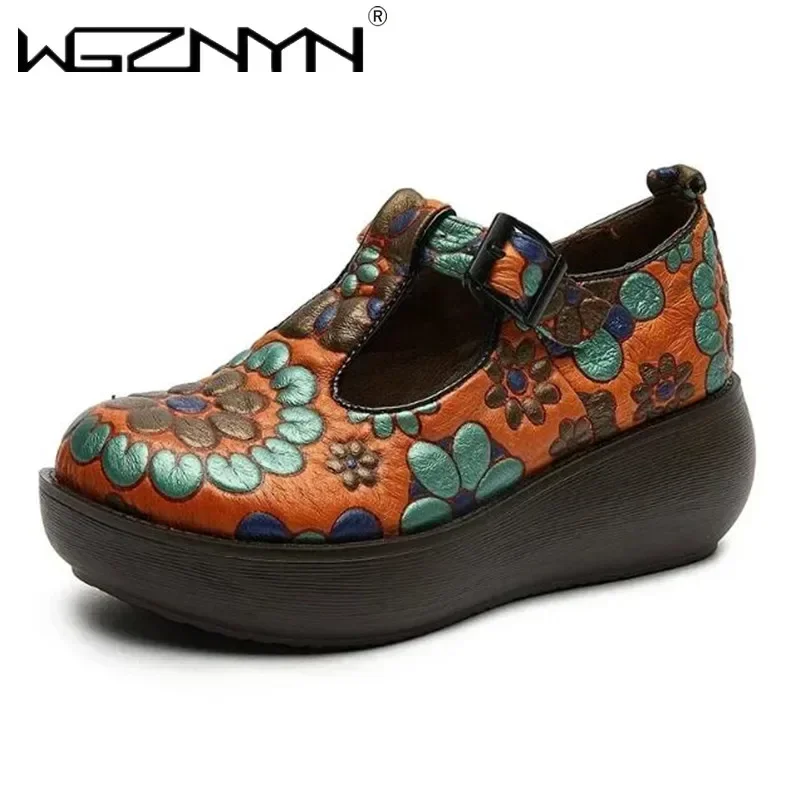 2026 New Fashion Luxury Genuine Leather Pumps Women Shoes Print Spring Autumn Retro Buckle Strap High Heels Ladies Sneakers Shoe