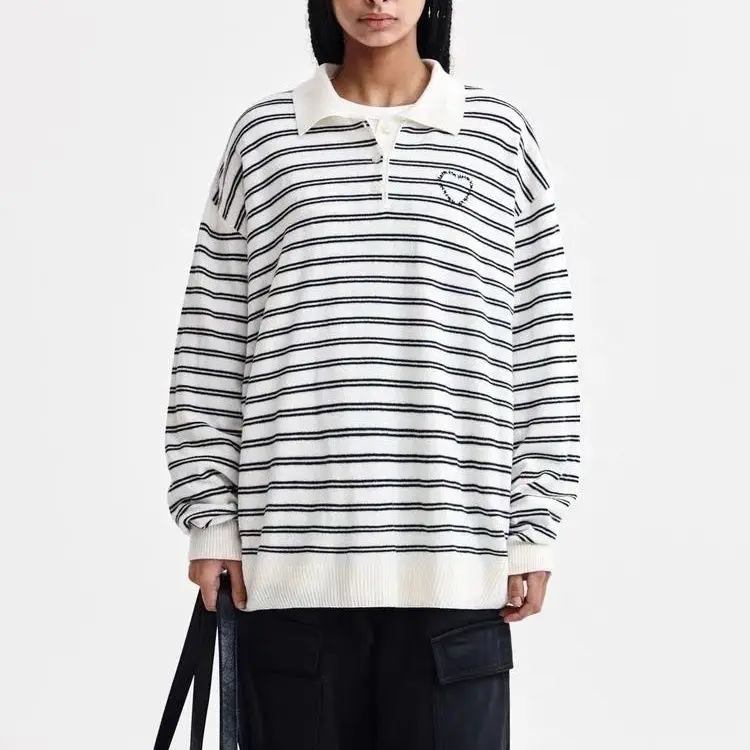 Matin Kim Spell Point Stripe Knit Polo Shirt Logo Embroidery Black White Unisex
