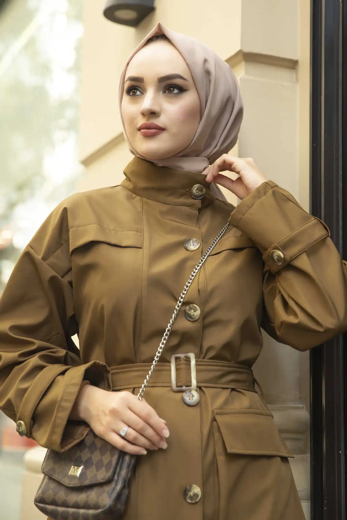 Pocket Detail Hijab Trench Coat Coffee Winter Autumn 2021 Muslim Women Hijab headscarf Islamic Turkey