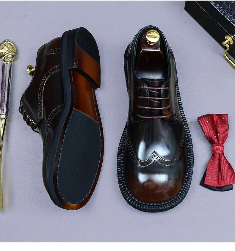 Zapatos Brogue Retro para Hombre, de Cuero Genuino de Lujo, Punta Redonda, Hechos a Mano, Planos, Color Marrón y Negro, para Bodas y Eventos Sociales