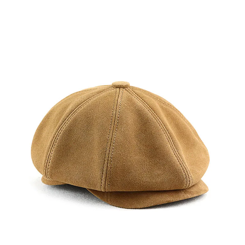 Genuine Sheepskin Suede Autumn Winter Gentry Cap For Men British Style Fine Cutting Top Grade Octagonal Cap Leisure Beret Caps