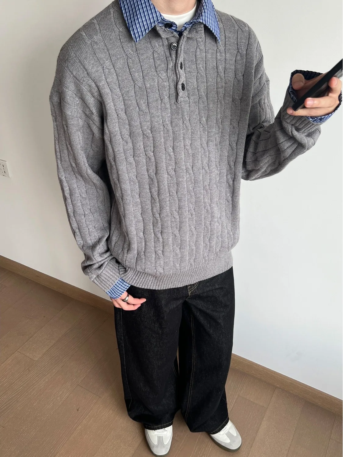 

American Retro Fake Two-Piece Sweater Men's irt Collar Inner Wear Base Layer Soft Knitted Long Sve Warm Ci Walk Casual