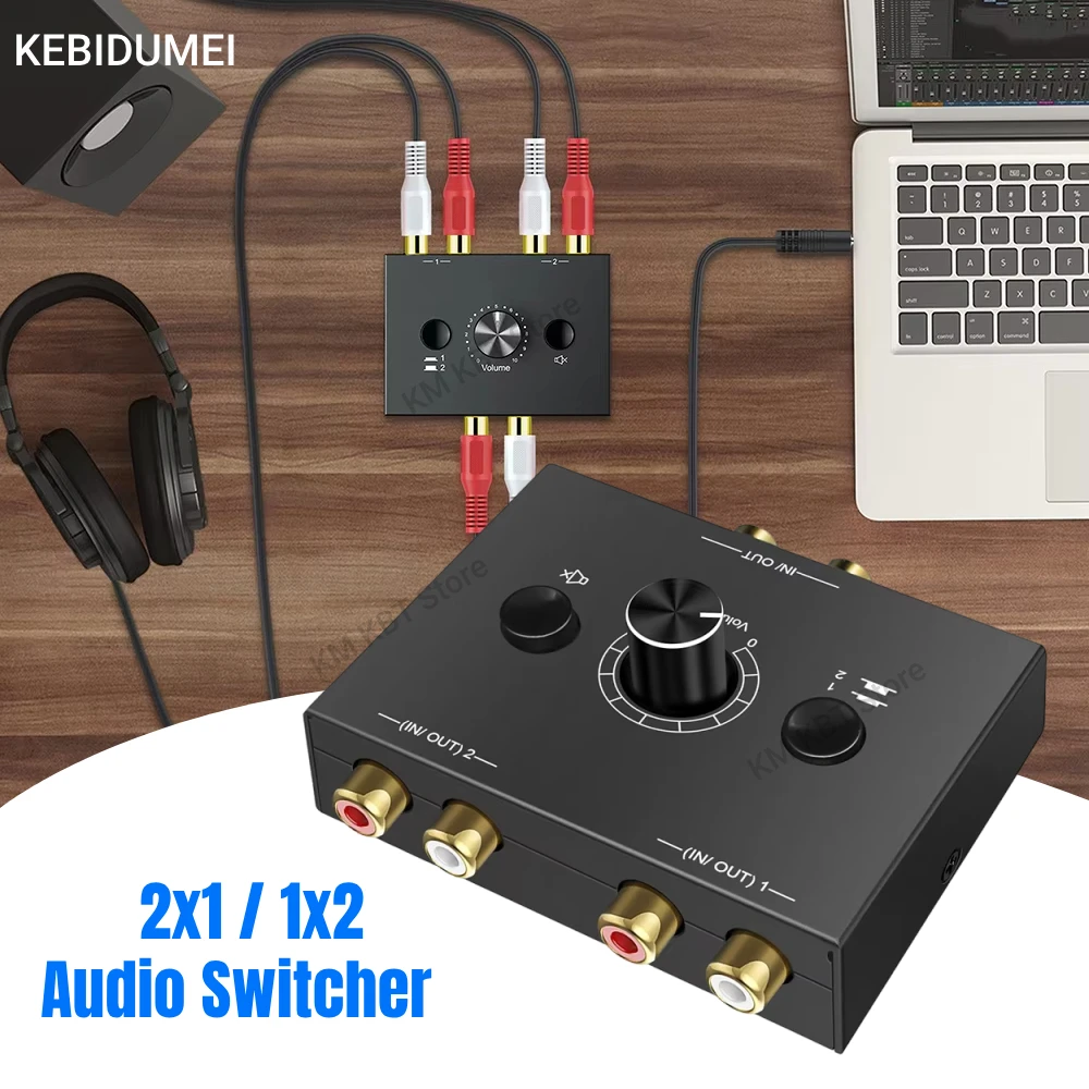 Bi-Directional Audio Switcher 2 X 1/1 X 2 RCA Stereo Audio Switcher Splitter with Mute Button L / R Stereo Audio Switch
