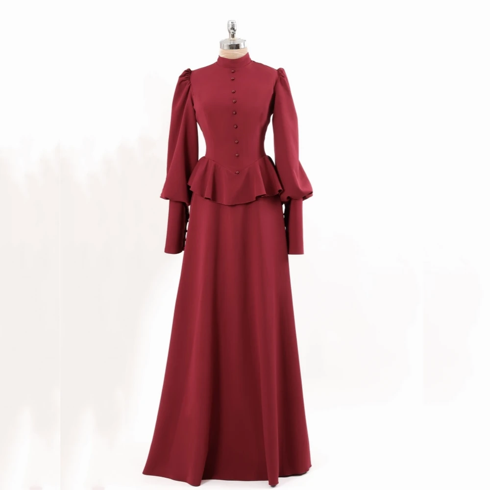 

Customized Evening Dress Buttons Ruched High Collar A-line Long Dresses Bespoke Occasion Simple Elegant Party Wedding