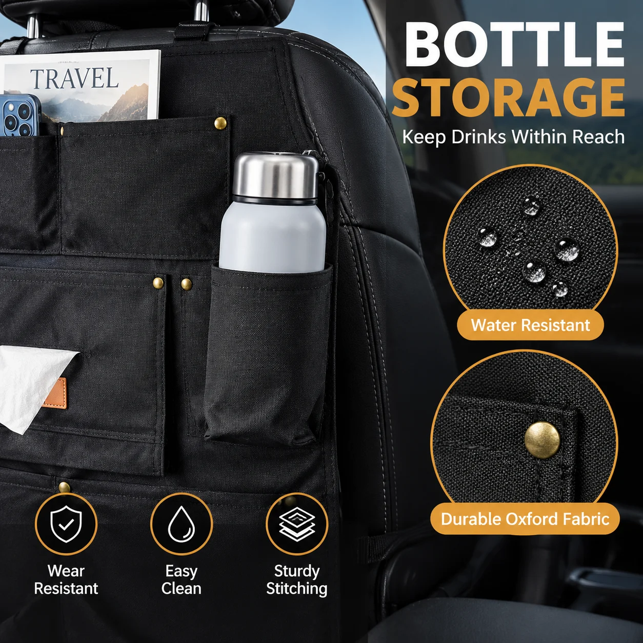 Car Seat Back Organizer with Tissue Holder Cup Holder, Large Storage Bag for SUV Truck Vehicle, Oxford Fabric Backseat Organizer