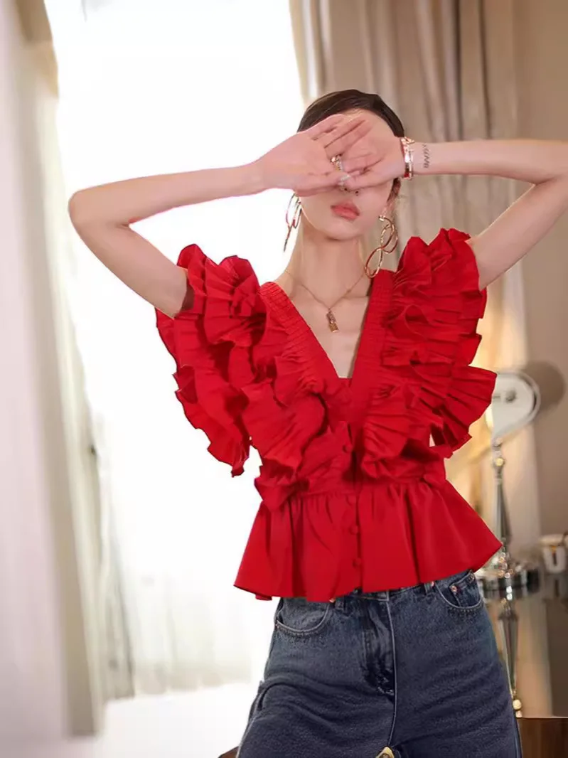 French Elegant Ruffle Edge Pleated Chiffon Short Shirt Top Women\'s Summer Fashion Sleeveless V-neck Single breasted Red Blouse