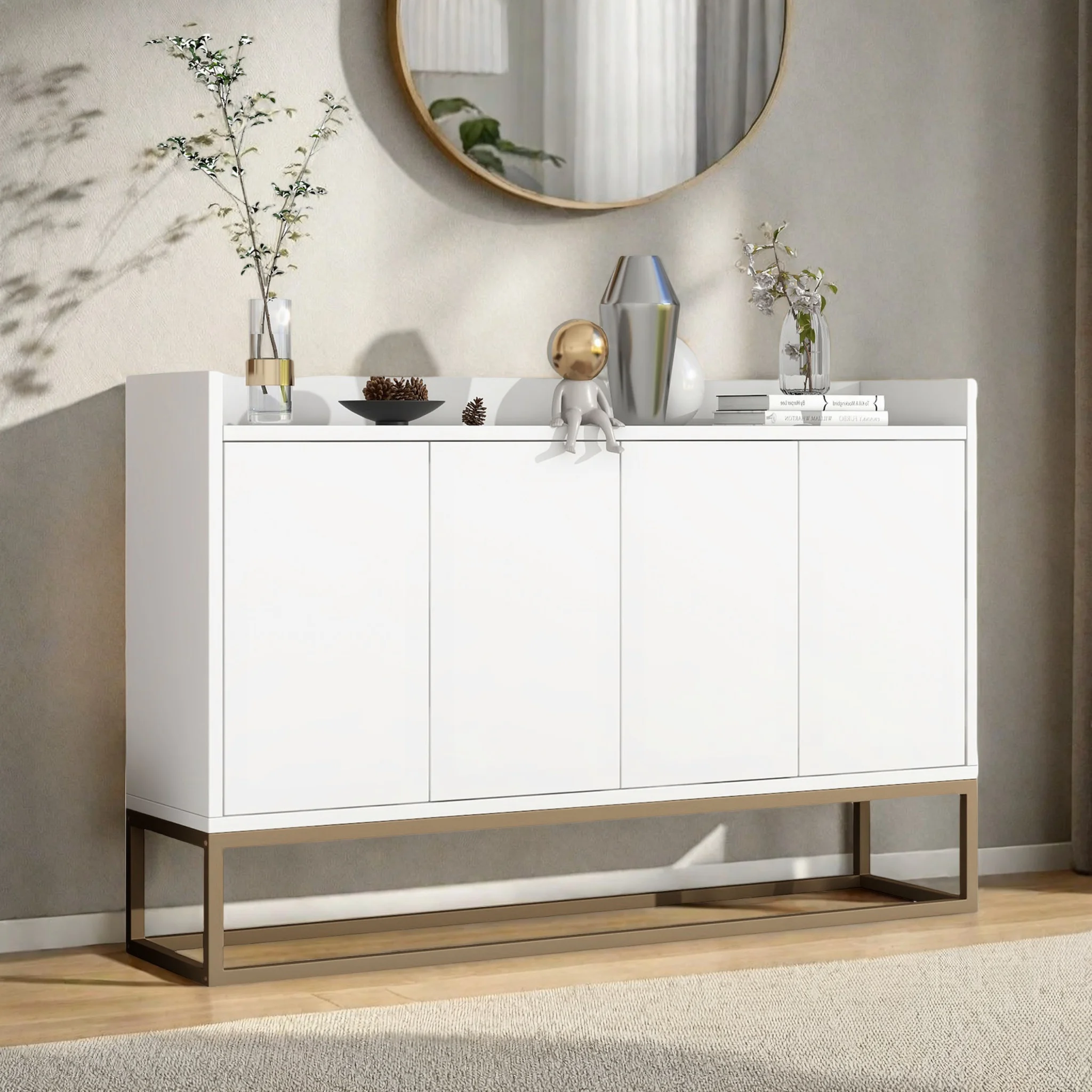 Comanlai Sideboard Kommode im Minimalistischen Stil, Moderner Buffetschrank mit 4 Türen, Metallbeinen, Mehrzweckschrank