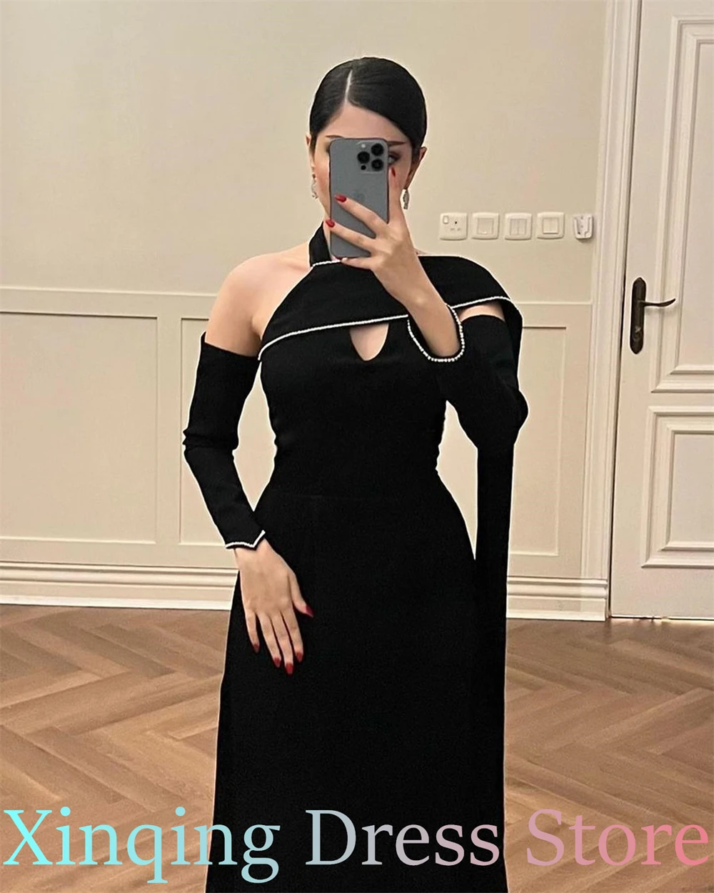 

Customized Black Jersey Evening Dresses Fashion Detachable Sleeve Special Occasion Gowns Classic Halter Saudi Arabia P