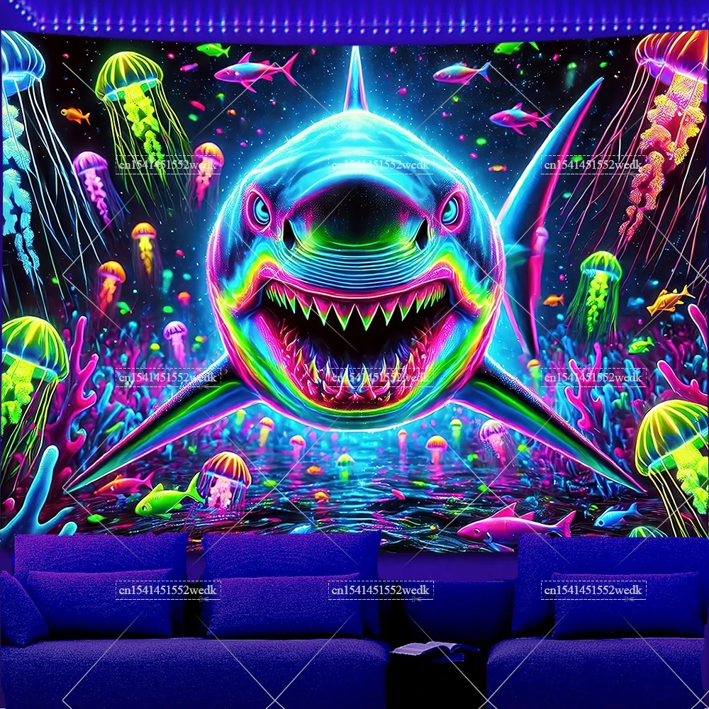UV-reaktiv, im Dunkeln leuchtend, Hai, Qualle, Schwarzlicht-Wandteppich, Meer, Ozean, Schildkröte, Landschaft, Schwarzlicht-Wandteppiche, Neon-Poster
