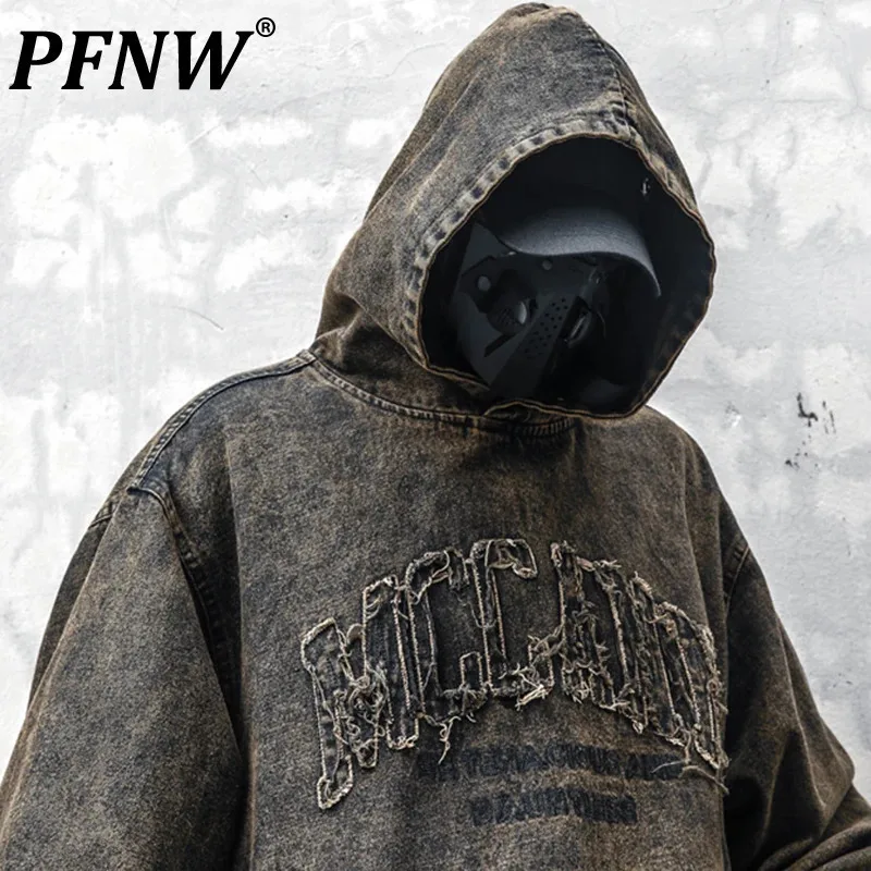 

PFNW Niche Design Vintage Washed Hooded Denim Sweatshirts For Men Trendy Autumn High Street Letter Machine Pullover Tops 12C1320