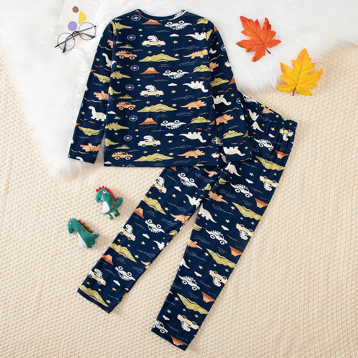 2-teiliges Herbst-/Winter-Set für Jungen mit Dinosaurier- und Autodesign, warmes Unterwäsche-Set, bequeme, dicke Schlafanzughose und Schlafhose. – Detail 4