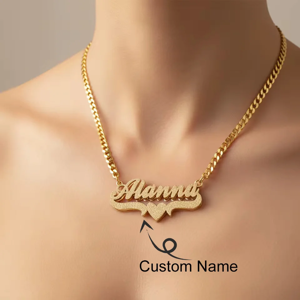 

Personalized Double Layer Name Frosted Necklace Custom Glitter 18K Gold Plated Stainless Steel Choker 5mm Chain Jewelry