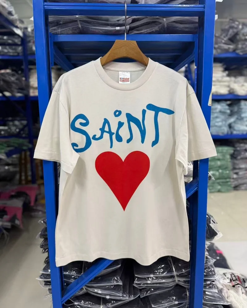 Latest SAINT White Letter Heart TEE Summer Retro Loose-Fit Casual Men's and Women's Short-Sleeve T-Shirt