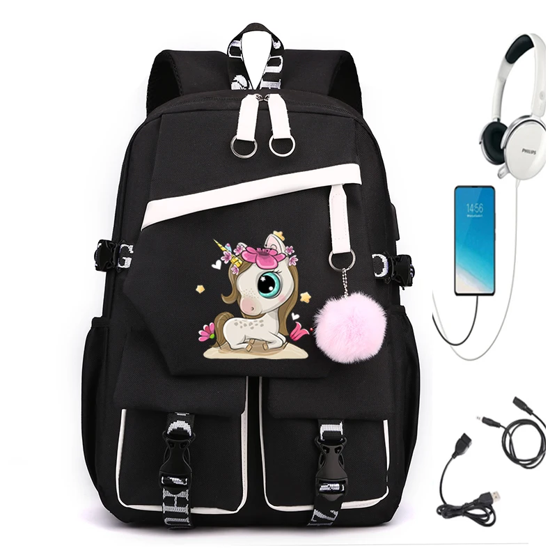 

Large Capacity Backpack for High School Student Cartoon Unicorn Flower Print Rucksack Women Men Laptop Bagpack USB Port Mochila