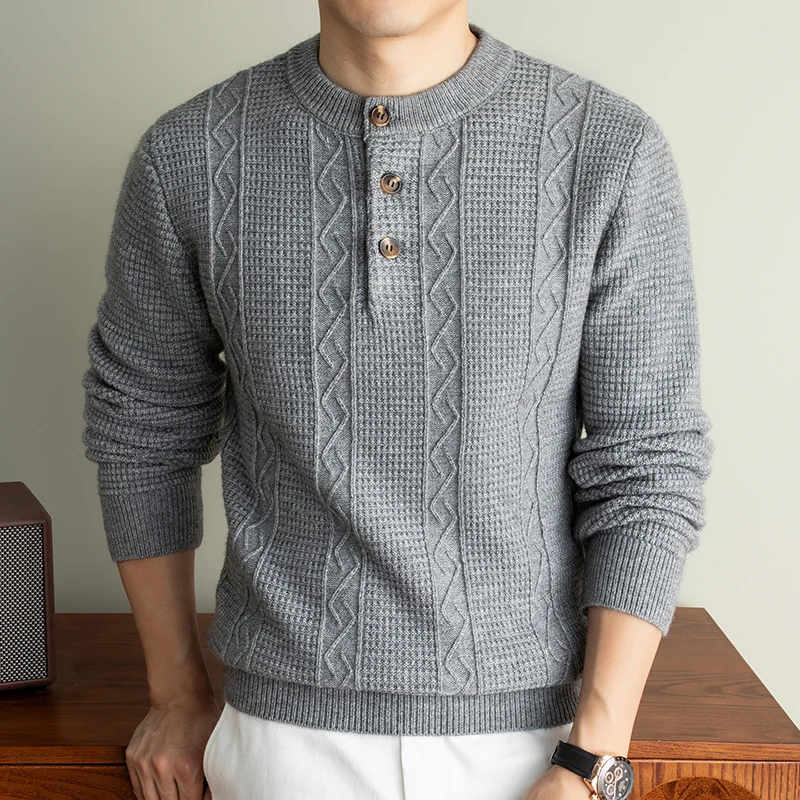 High end button round neck knitted sweater luxury skin friendly comfort warm comfort pullover new fashion jacquard men's wear