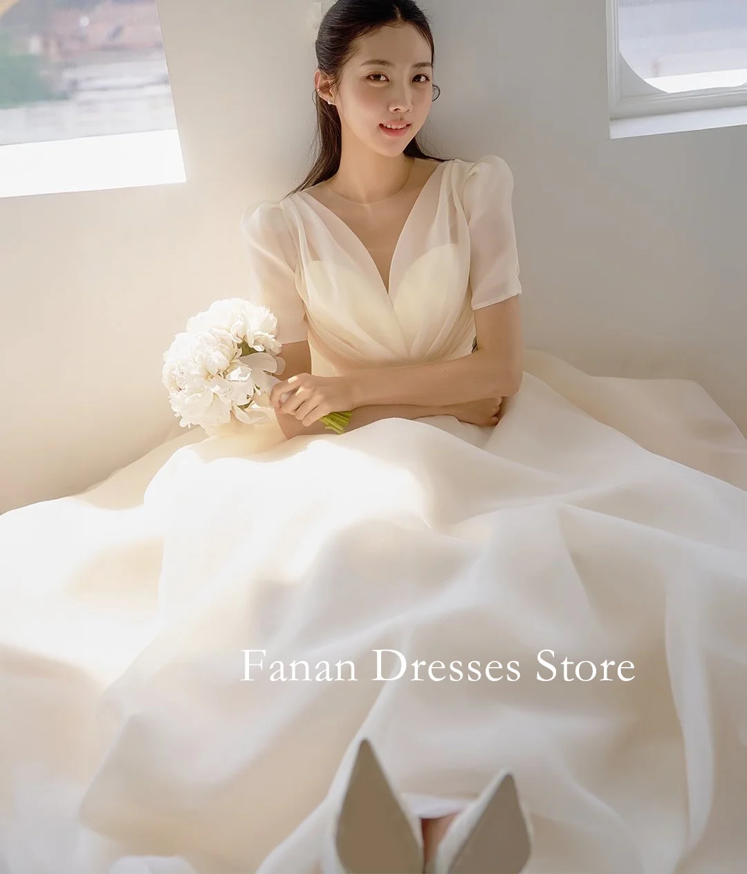 

FANAN V-Neck Korea A-Line Wedding Dresses 웨딩드레스 Organza Ivory Lace-up Short Sleeves Customized Pretty Bride Gowns Plus Size