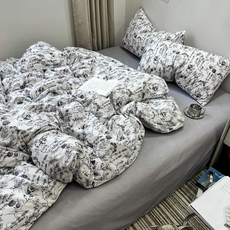 

ins small floral four-piece set Tencel cotton quilt cover washed cotton bed sheet dormitory quilt three-piece set machine