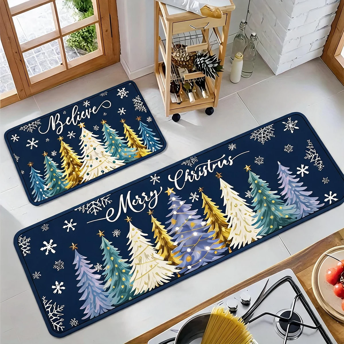 Christmas Kitchen Mat Square Plush Flannel Rug with Santa Hat Print Non Slip Soft Water Absorbent Floor Mat for Bathroom