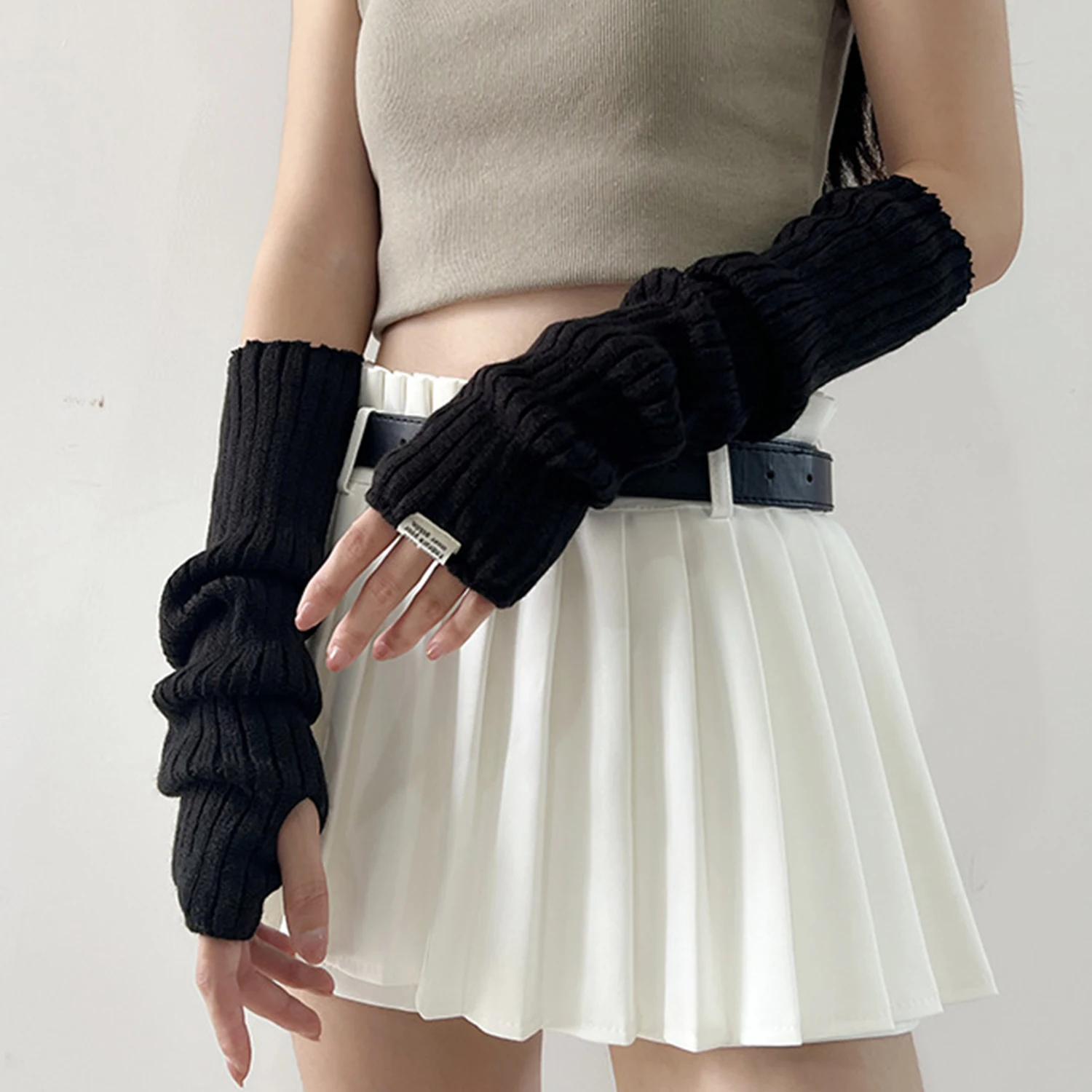 JK Lolita Cosplay Girls Fingerless Gloves Arm Warmers Goth Women Knitted Y2k Kawaii Black Hand Work Gloves Ankle Wrist Sleeves