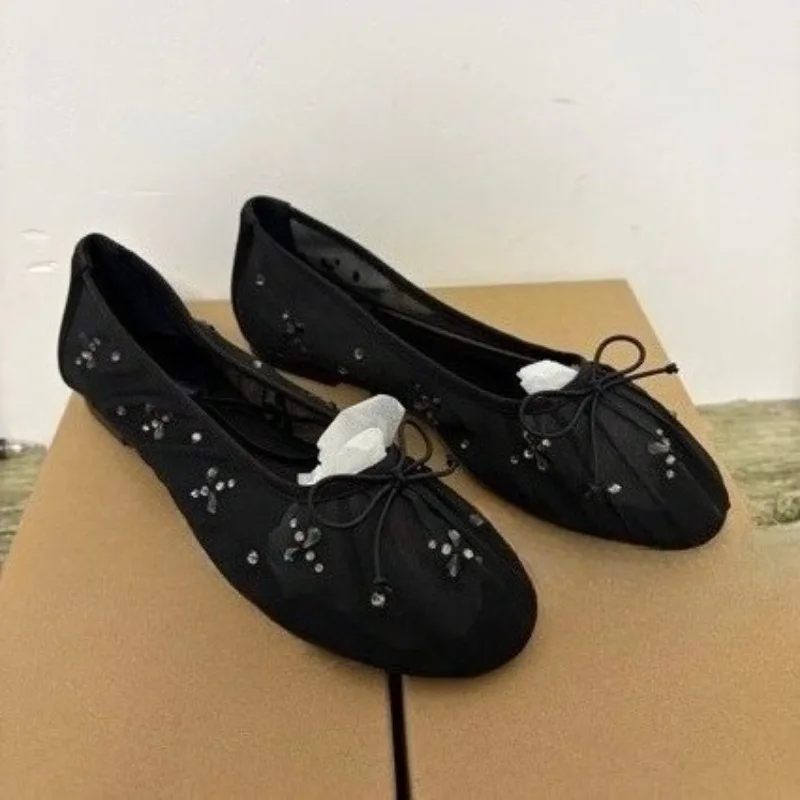 

Diamond Mesh Women Ballet Flats Summer Breathable Shallow Mouth Butterfly Knot Soft Sole Casual Light Female Mary Jane Shoes
