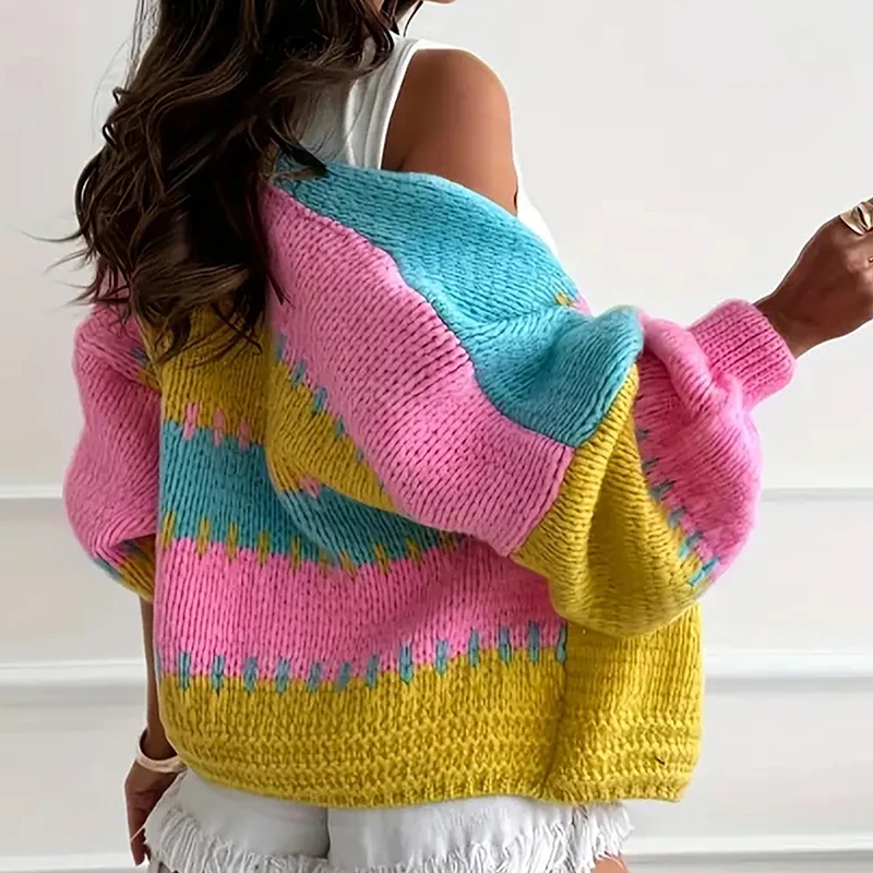 

Autumn Winter New Loose Color Blocked Knitted Coat Ladies Lantern Long Sleeve Commute Cardigans Elegant V-neck Sweater for Women