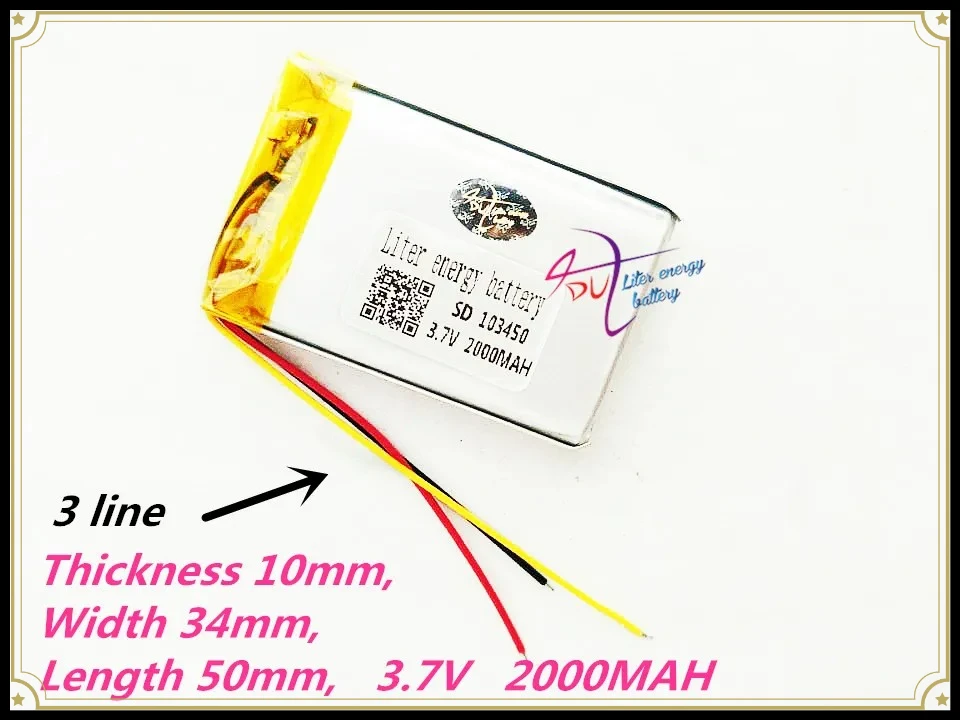 3 wires 103450 3.7V 2000MAH lipo polymer lithium rechargeable battery for MP3 GPS navigator DVD recorder headset e-book camera