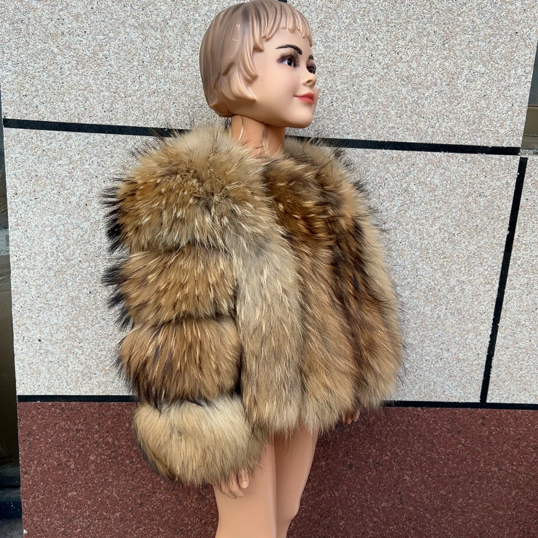 HUAQIUMEISI Children's Raccoon Fur Jacket for Girls Autumn and Winter Vertically Arranged Kids Real Fox Fur Coat for Boys Girls