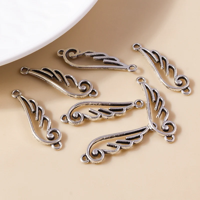 Leslie 30 Stück 32 x 9 mm Doppelloch-Silberfarben, kleine Legierung, Engelsflügel, Charms-Anhänger für DIY-Armbänder, Halsketten, Herstellung – Detail 4