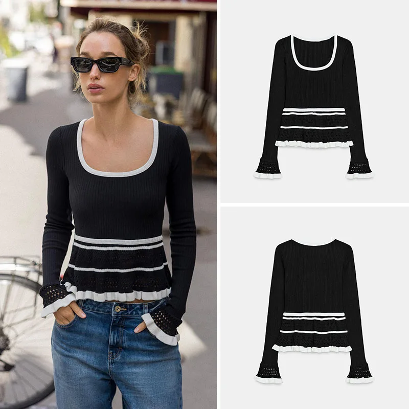 

Winter New Women's Slim Fit Casual Long Sve Knitted Patchwork T-irt U-Ne Versatile Comfortable Breathable Faionable