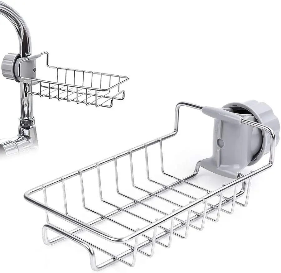 

Stainless Steel Faucet Hanging Drain & Storage Rack - Kitchen/Bathroom Sink Organizer for Sponge/Soap/Brush/Dishcloth 1pc