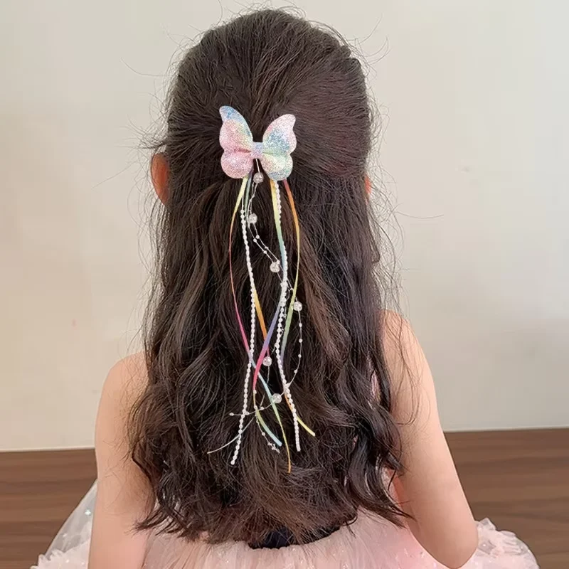 2Pc Childrens Rainbow Butterfly Sequin Hair Clip,pearl Ribbon,tassel Hair Clip,girl Braided Hair Accessory,performance Accessory