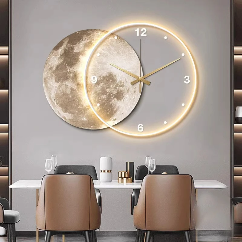 Restaurant decoration painting, high-end with clock, moon LED light living room wall hanging painting, creative clock wall light