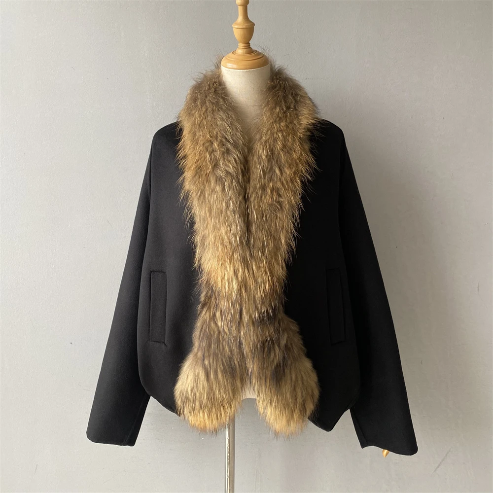 Jaxmonoy Women's Winter Coats 2026 High Quality 100% Wool Coat with Natural Raccoon Fur Ladies Casual Outwear Jacket New Arrival