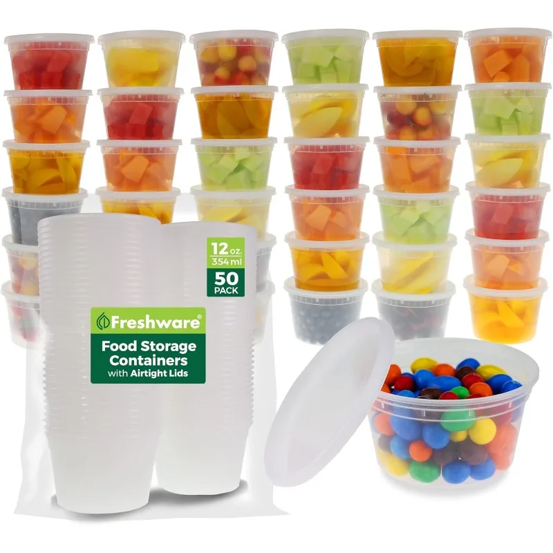 Food Storage Containers [50 Set] 8 oz Plastic Deli Containers with Lids, Slime, Soup, Meal Prep Containers | BPA Free