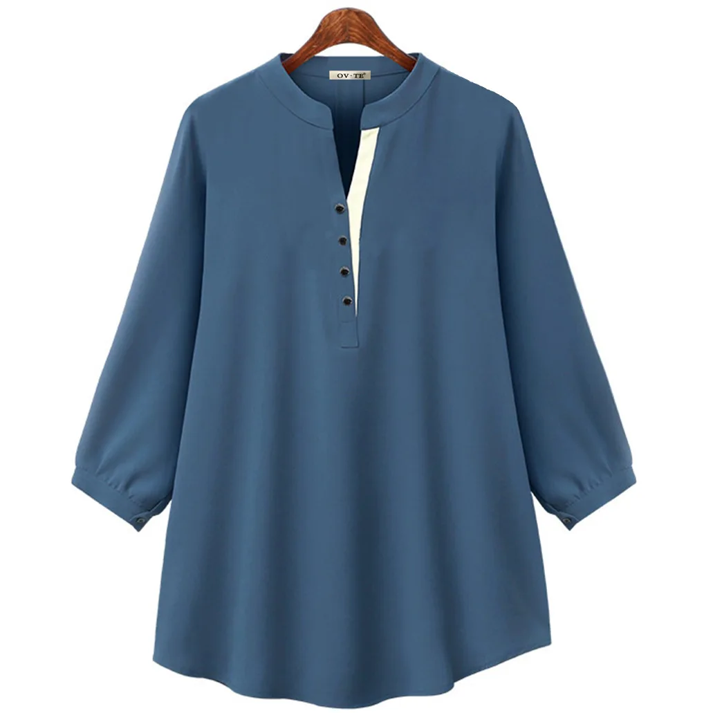 Wiosenno-jesienna, modna, luźna, długa bluzka damska w blokach kolorystycznych, styl uliczny, dekolt w serek, swobodny, wygodny krój.