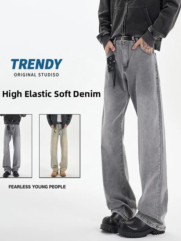 

Мужские джинсы с высокой талией, прямого кроя, в винтажном стиле, облегающие, повседневные, из смесового хлопка и полиэстера, весна-лето-осень