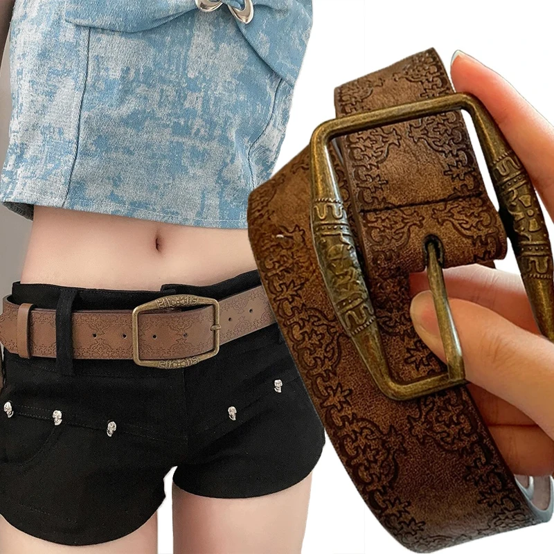 

Retro Pu Leather Belts Women Men Pattern Print Designer Brand Buckle Pin All-Match Waist Belt Hip Hop Y2K Vintage Waistbands