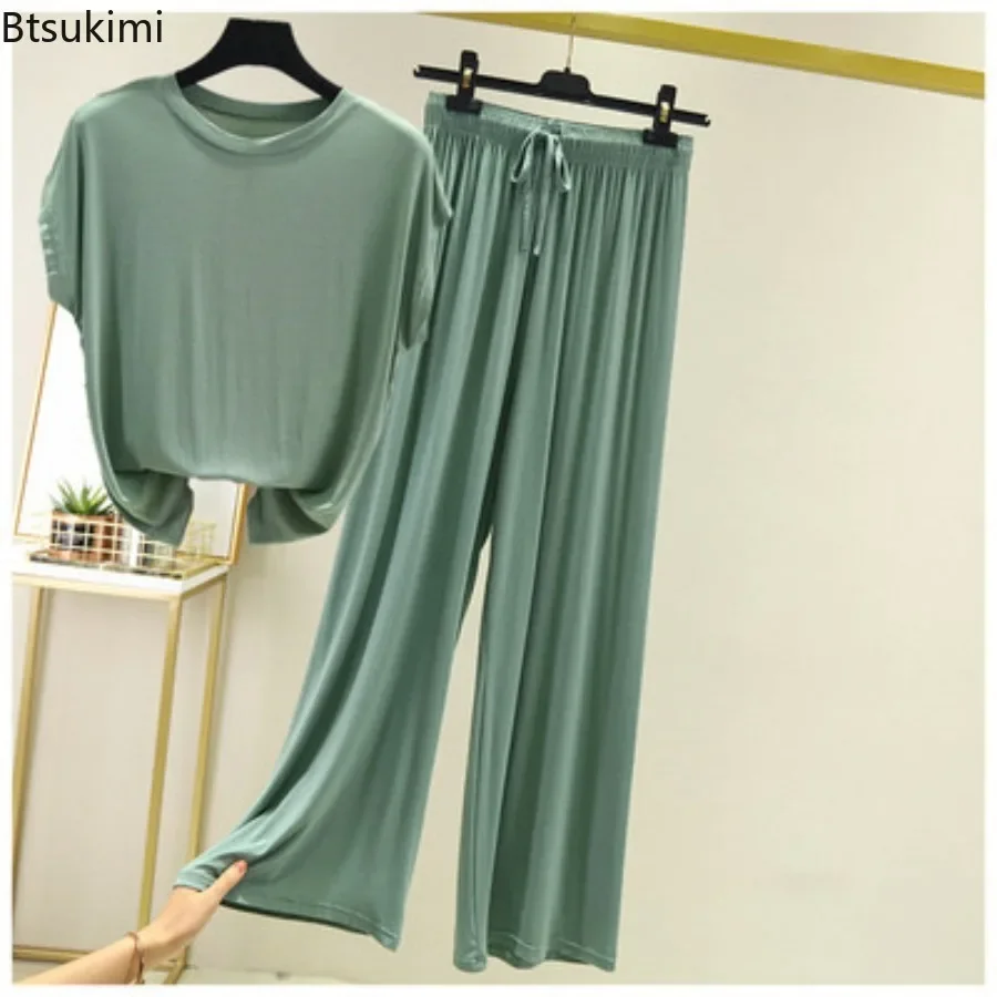 New 2026 Summer Modal Solid Loose Homewear Set O-neck Tshirts Short Sleeves and Wide Leg Pants Casual Streetwear Suit All Match