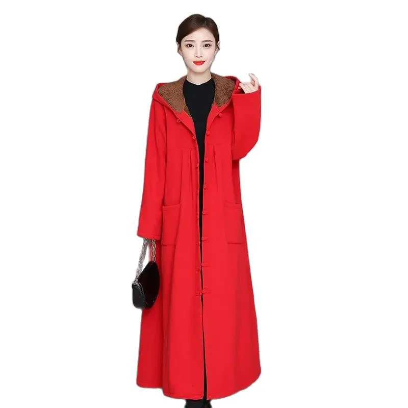 

Women Trench Coat Nice Autumn Winter New Middle-aged Female Cotton linen Add Velvet Thicken Long Windbreaker Women's Coat C