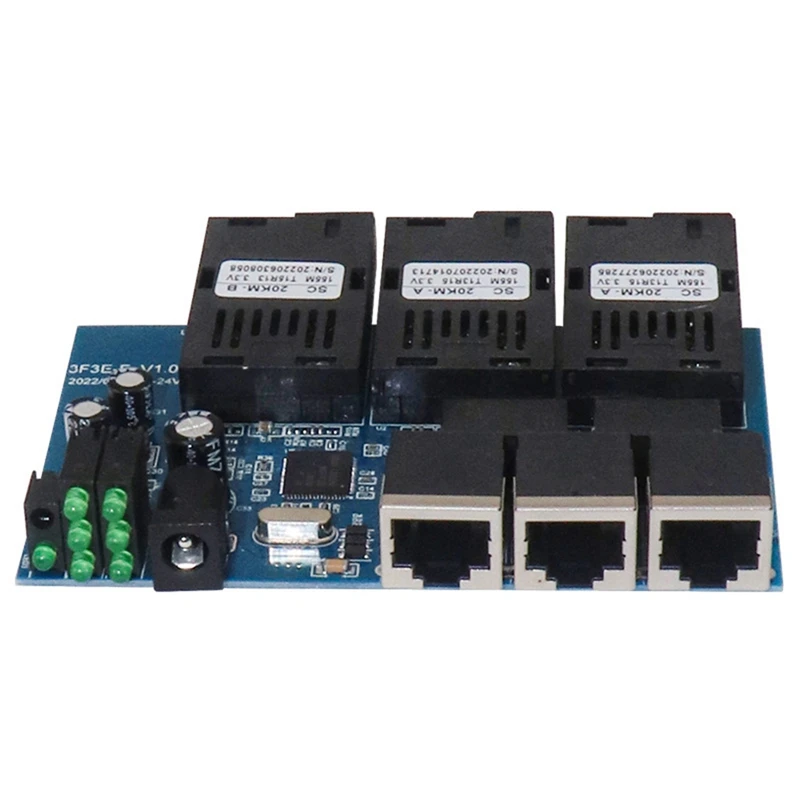 Ethernet Fibra Óptica Media Converter, 100M, 3 RJ45 Suporte RPOE, Simplex SC Fiber Switch, PCBA Board, 20km, 3