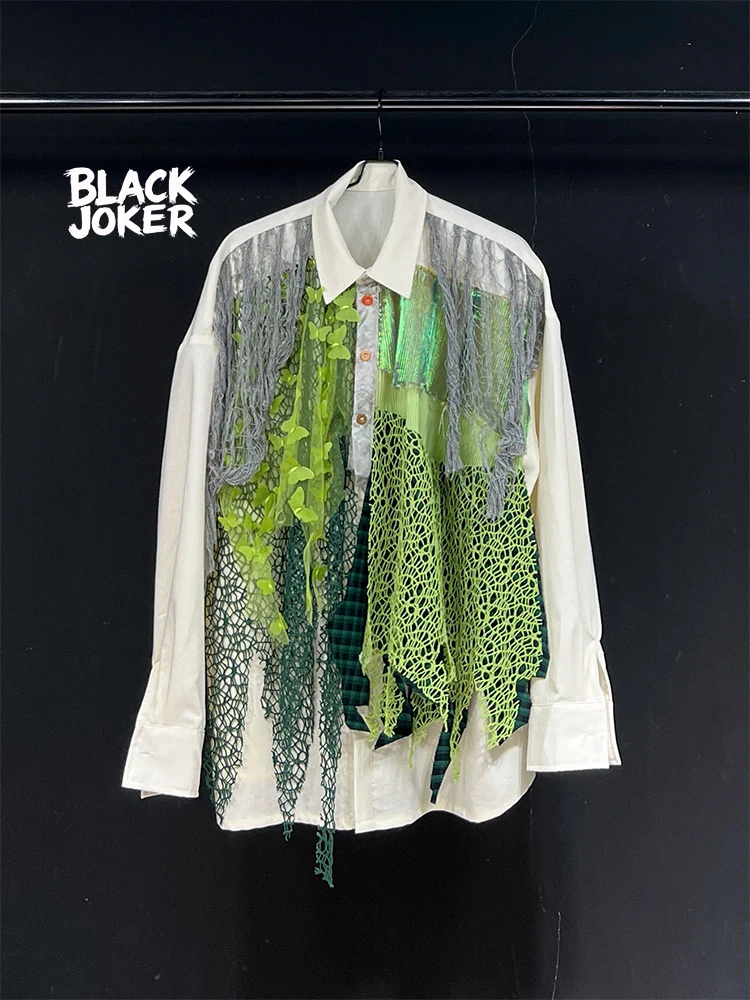 BLACK JOKER Original design new multi-piece fabric green level stitching loose casual long sleeve shirt