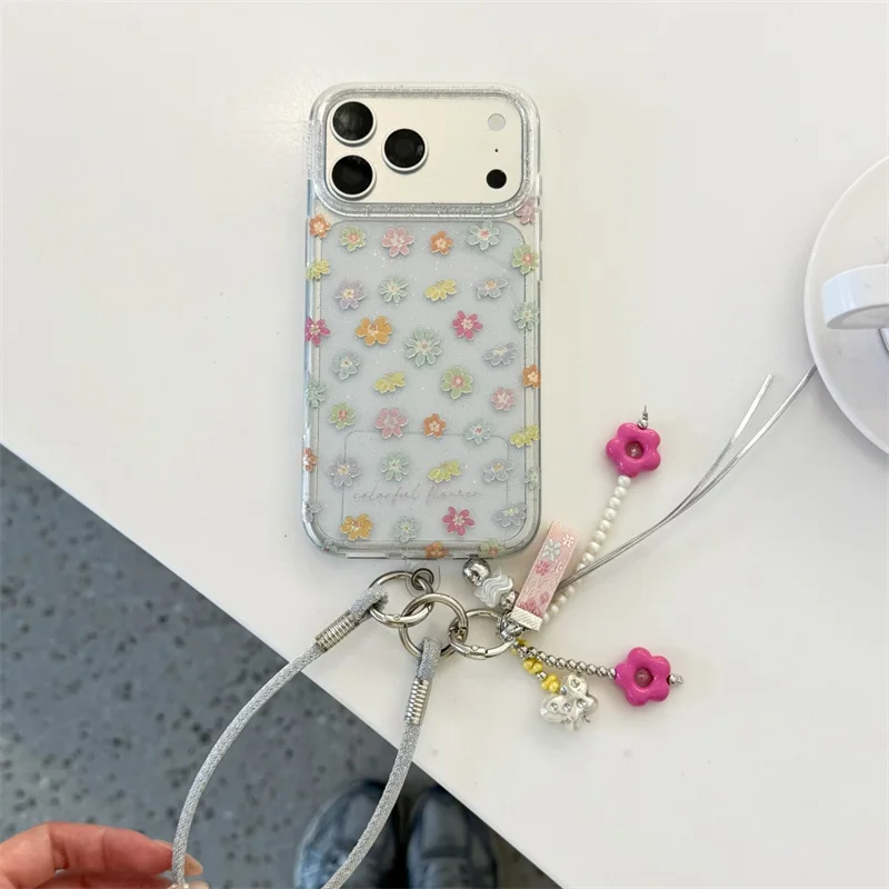 

Soft Colorful Floral Print Glitter Clear Case With Matching Flower Wrist Strap For iPhone 15 16 17 Pro Max INS Fresh Style Shock