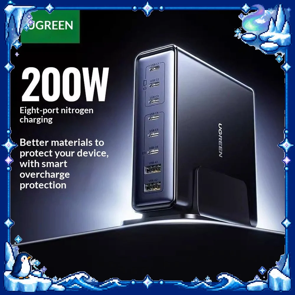 UGREEN 55763 Desktop GaN Charger 200W 8-Port 6 USB-C 2 USB-A PD PPS Fast Charging for Phones Tablets and Laptops