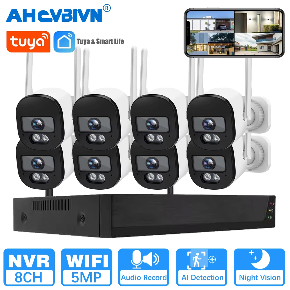 

Tuya APP 8CH 5MP Wireless Security System Outdoor WiFi IP CCTV Camera Kit Color Night Vision Human Detection Two-Way Audio Set
