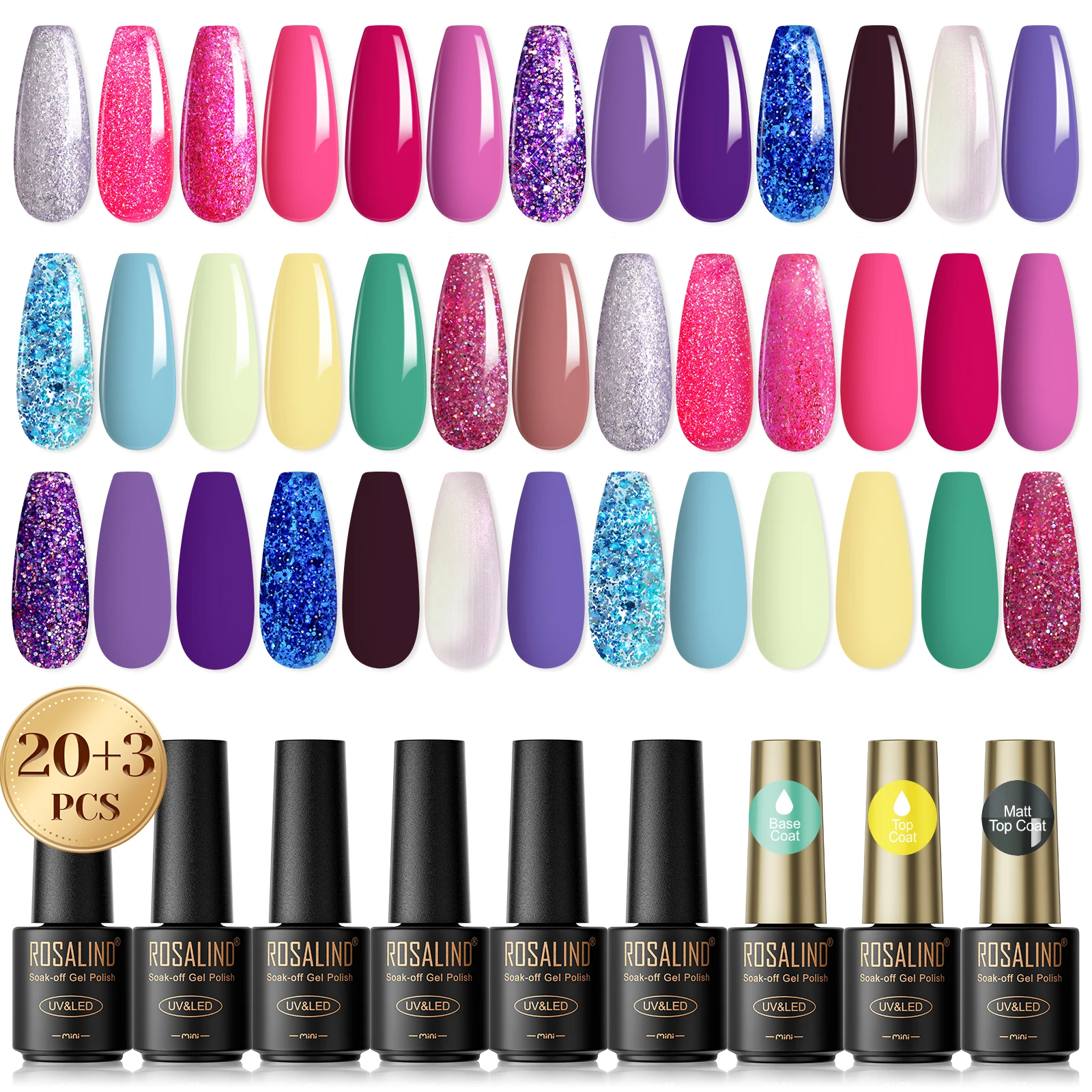 Rosalind 23PCS gel nagellak set gel kleur nagelglans boven- en onderkant coating gel nagelstrips met uv-licht led nagellamp.