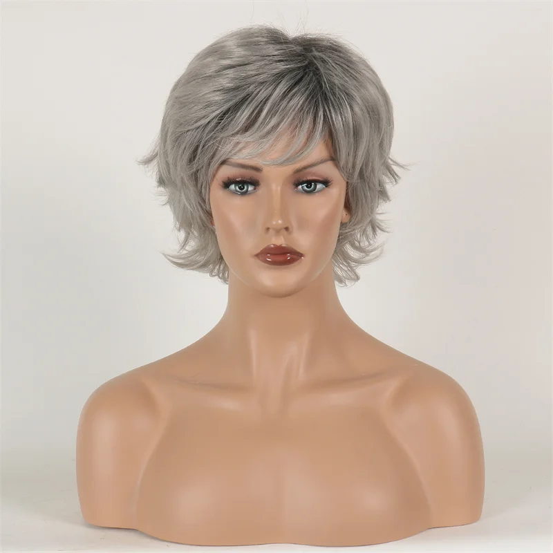 

Grey mixed Black Grandma Wigs Heat Resitant Synthetic Hair Party Cosplay Costume Curly Wig Peluca