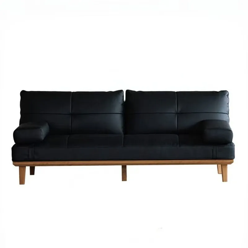 Chinese straight row solid wood living room sofa, retro small apartment without armrests, black leather furniture studio