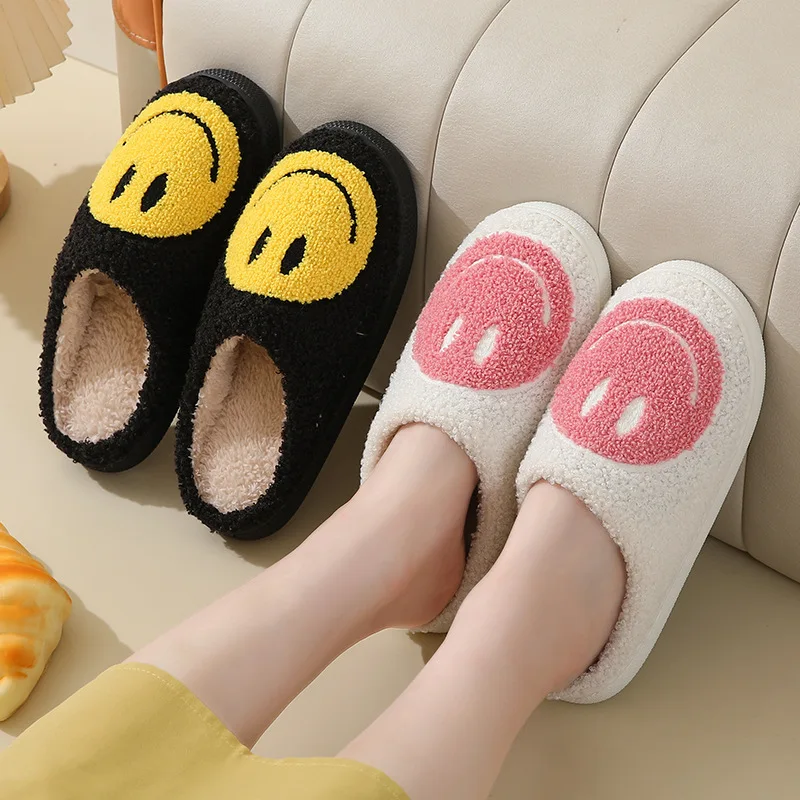 

YNPO Smiling Face Fluffy Platform Slippers Women 2025 Winter Plush Warm Cotton Shoes Woman Comfort Non Slip Unisex Home Slippers